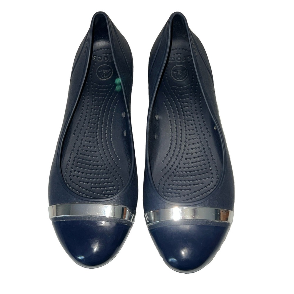 Crocs Cap Toe Flat Navy Silver Metallic Accent Ballet Slip On Shoes Women 10